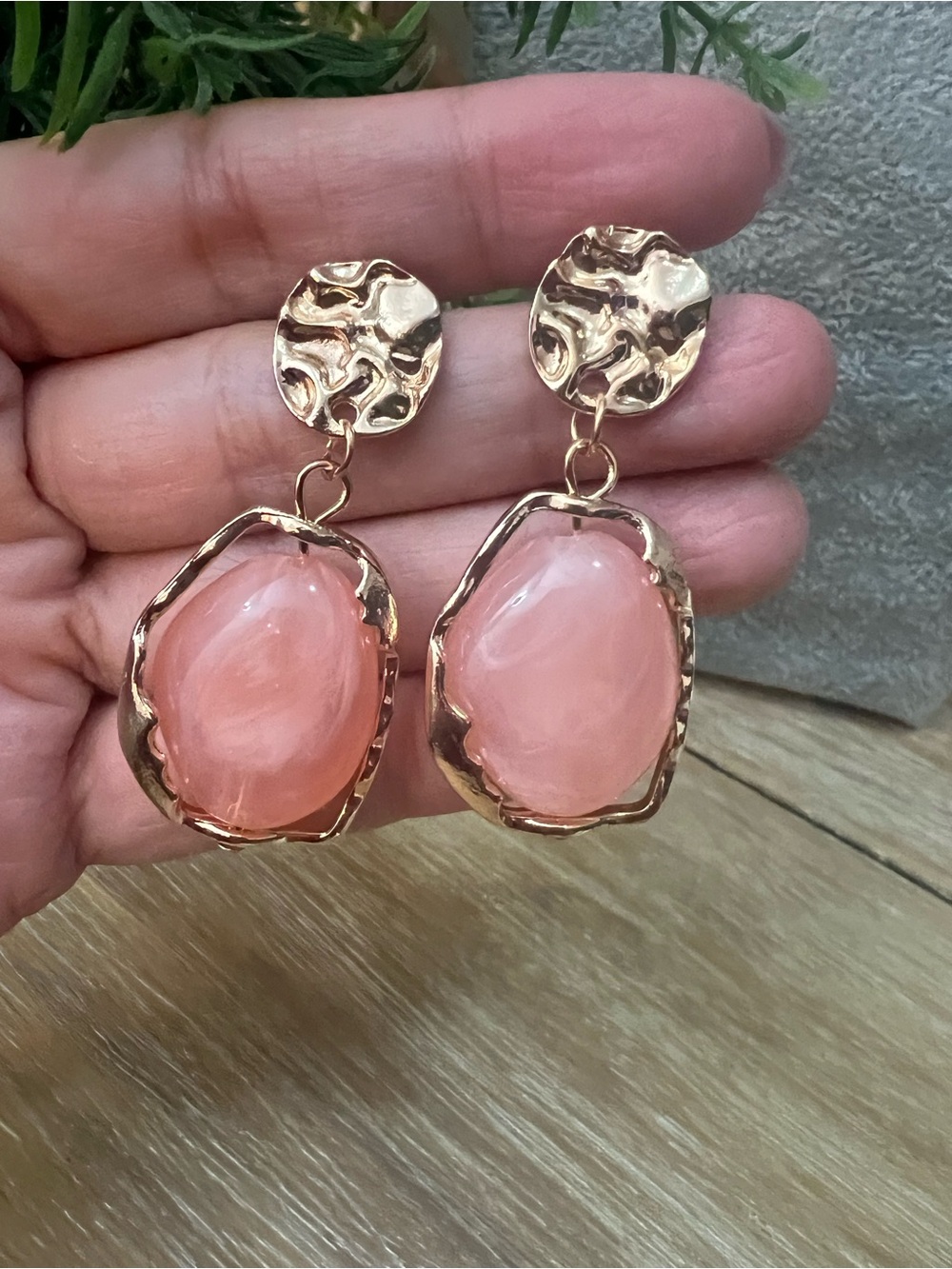 Elegant Pink Stone Drop Earrings with Gold Frame